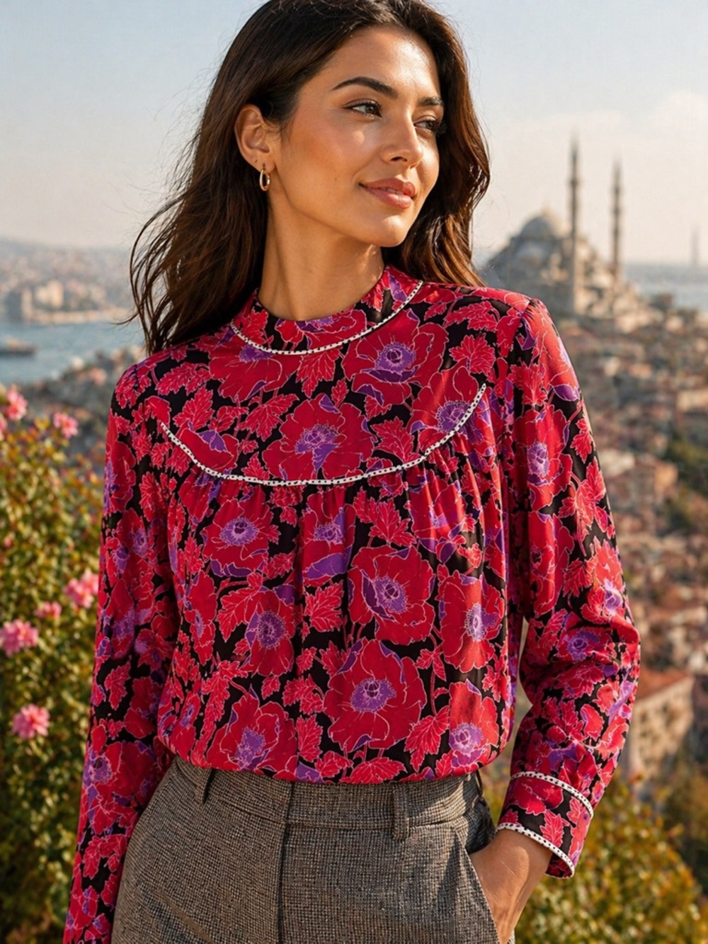 🩷Who What Wear Red and Purple Floral Long-Sleeve Blouse